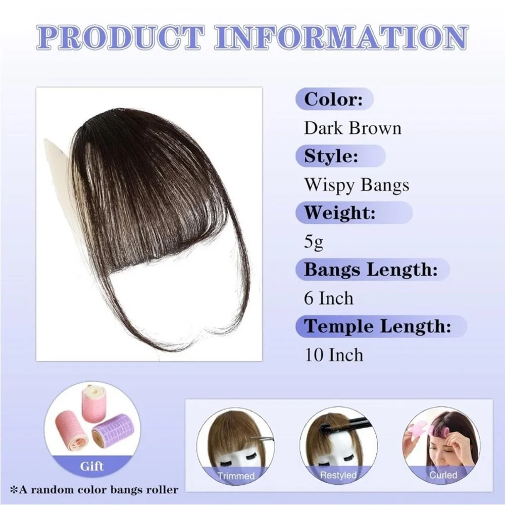 New Dark Brown Fake Bangs, 100% Real Human Hair Clip-In Wispy Fringe for Women
